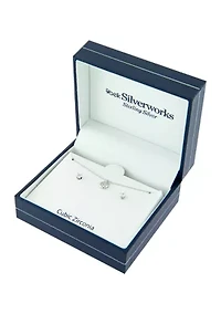 Sterling Silver Cubic Zirconia Cat Necklace and Stud Earring Set