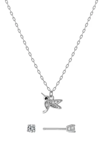 Sterling Silver Cubic Zirconia Hummingbird Necklace and Stud Earring Set
