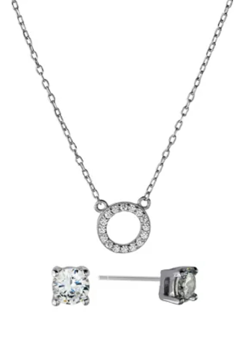 Boxed Sterling Silver 16 + 2 Inch CZ Open Circle Necklace and 4 Millimeter Stud Earring Set