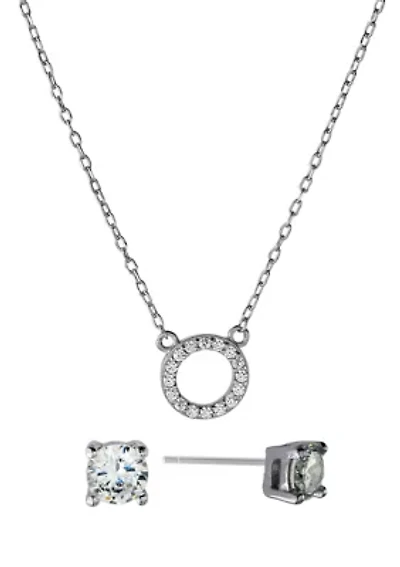 Boxed Sterling Silver 16 + 2 Inch CZ Open Circle Necklace and 4 Millimeter Stud Earring Set