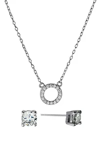 Boxed Sterling Silver 16 + 2 Inch CZ Open Circle Necklace and 4 Millimeter Stud Earring Set