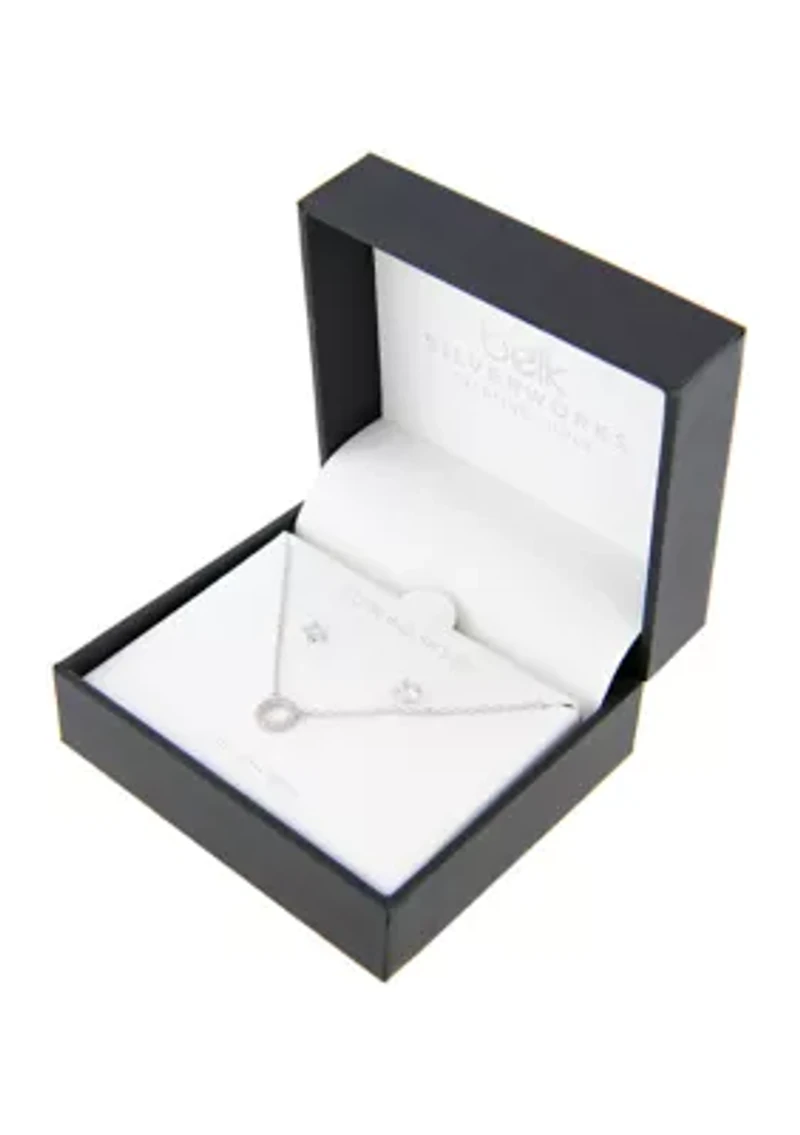 Boxed Sterling Silver 16 + 2 Inch CZ Open Circle Necklace and 4 Millimeter Stud Earring Set