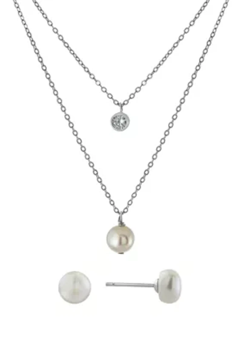 Boxed Sterling Silver 16" + 2" Freshwater Pearl and Cubic Zirconia Double Chain Necklace and Pearl Earrings Set