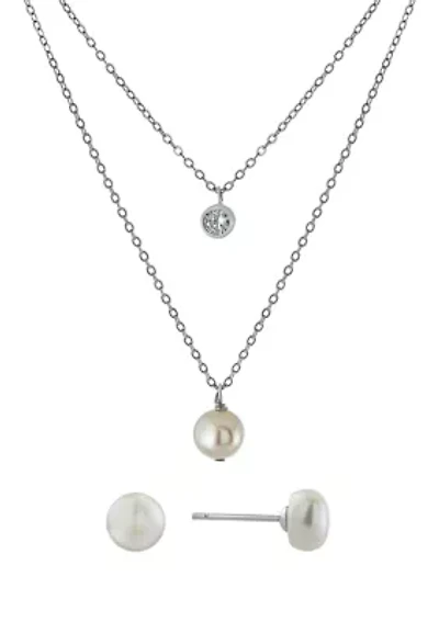Boxed Sterling Silver 16" + 2" Freshwater Pearl and Cubic Zirconia Double Chain Necklace and Pearl Earrings Set