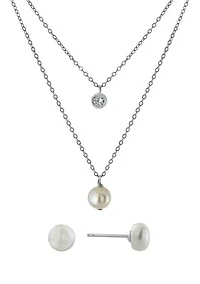 Boxed Sterling Silver 16" + 2" Freshwater Pearl and Cubic Zirconia Double Chain Necklace and Pearl Earrings Set