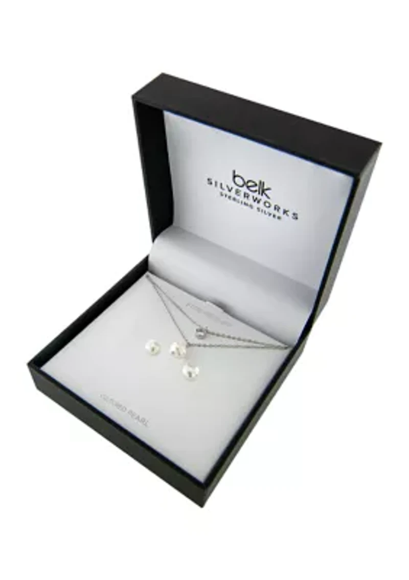 Boxed Sterling Silver 16" + 2" Freshwater Pearl and Cubic Zirconia Double Chain Necklace and Pearl Earrings Set