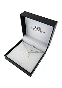 Boxed Sterling Silver 16" + 2" Freshwater Pearl and Cubic Zirconia Double Chain Necklace and Pearl Earrings Set