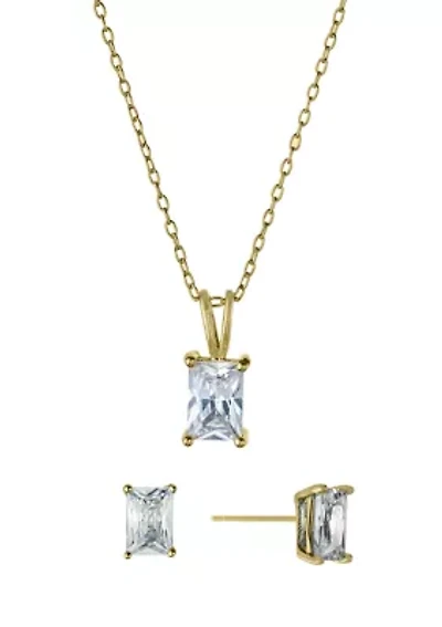Boxed Gold Over Sterling Silver 18 Inch Emerald Cut Cubic Zirconia Necklace and Stud Earring Set