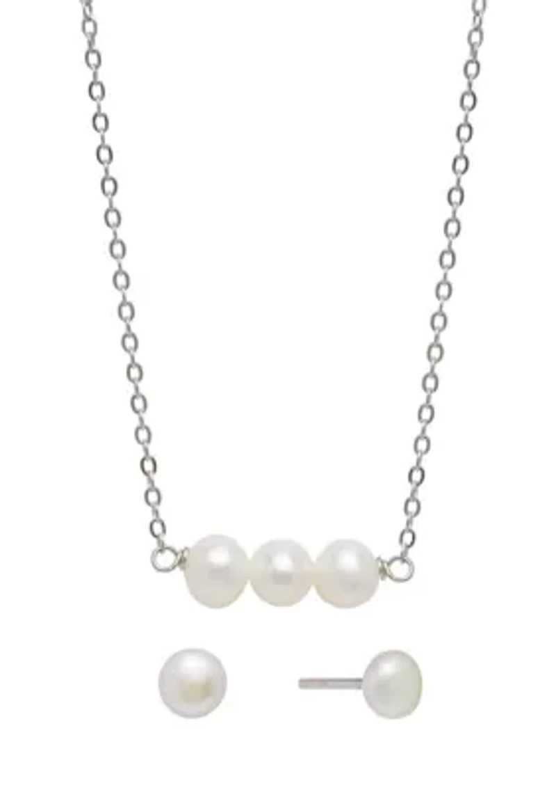 Sterling Silver 16 + 2" Freshwater Pearl Horizontal Necklace and Stud Earrings Set - Boxed