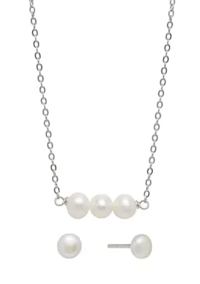 Sterling Silver 16 + 2" Freshwater Pearl Horizontal Necklace and Stud Earrings Set - Boxed