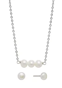 Sterling Silver 16 + 2" Freshwater Pearl Horizontal Necklace and Stud Earrings Set - Boxed