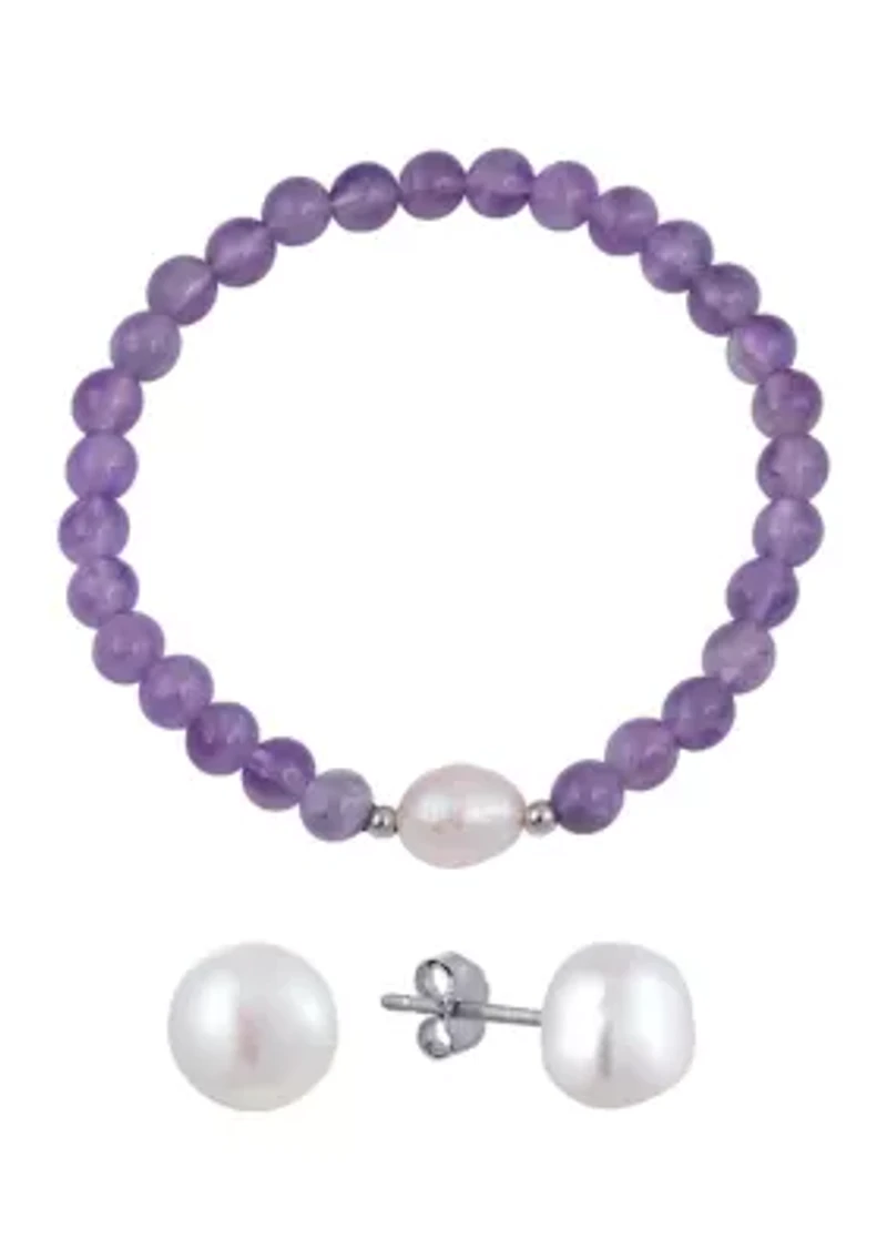 Boxed Sterling Silver Pearl Stud Earrings and Stone Beaded with Bracelet Set