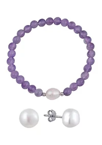 Boxed Sterling Silver Pearl Stud Earrings and Stone Beaded with Bracelet Set