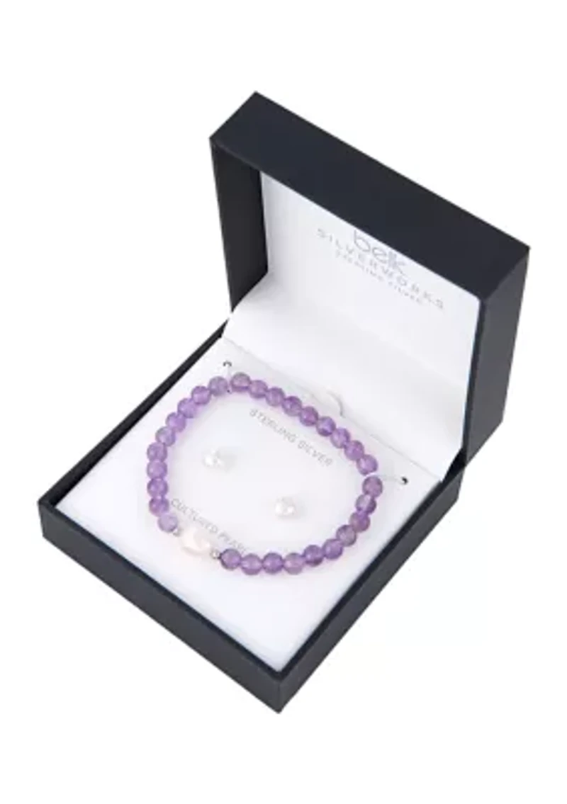 Boxed Sterling Silver Pearl Stud Earrings and Stone Beaded with Bracelet Set