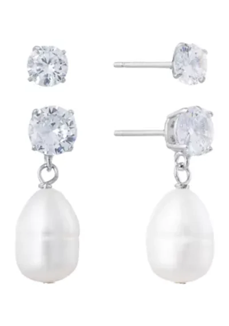 Boxed Sterling Silver Pearl Stud Earrings and Stone Beaded with Pearl Bracelet Set
