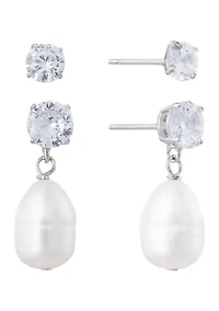 Boxed Sterling Silver Pearl Stud Earrings and Stone Beaded with Pearl Bracelet Set