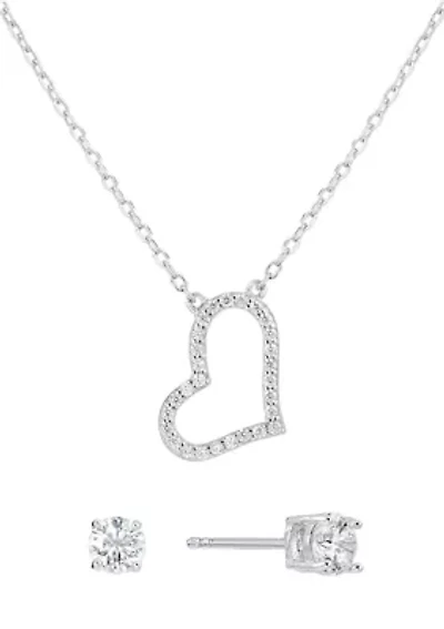 Boxed Sterling Silver Cubic Zirconia Open Heart Necklace with Stud Earrings