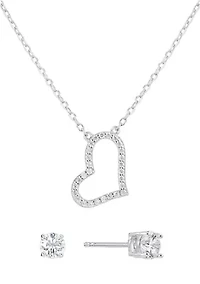 Boxed Sterling Silver Cubic Zirconia Open Heart Necklace with Stud Earrings