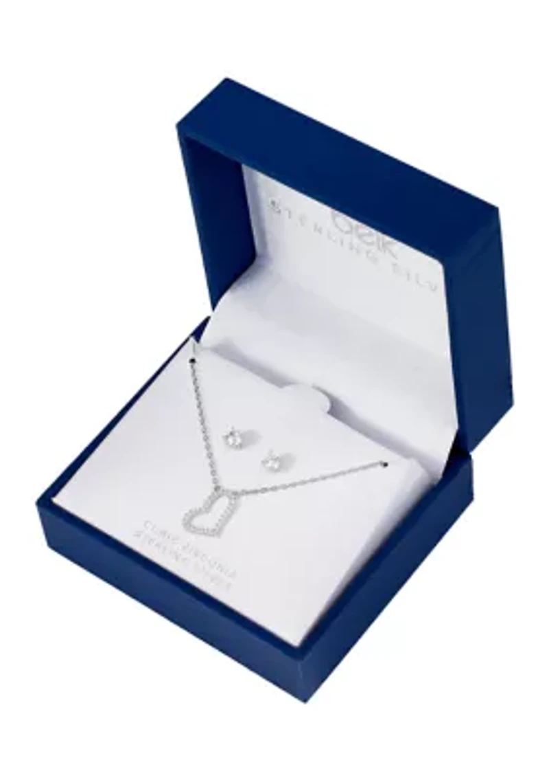 Boxed Sterling Silver Cubic Zirconia Open Heart Necklace with Stud Earrings