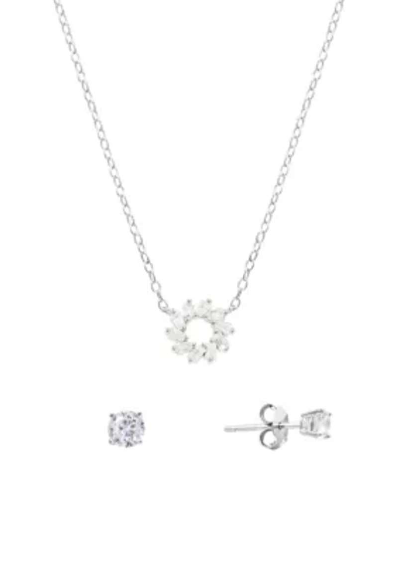 Boxed Sterling Silver Cubic Zirconia Open Circle Necklace and Stud Earring Set