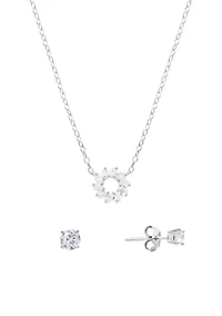 Boxed Sterling Silver Cubic Zirconia Open Circle Necklace and Stud Earring Set