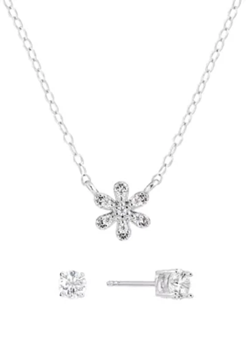 Boxed Sterling Silver 16" +1" +1" Cubic Zirconia Flower Necklace with 4mm Stud Earrings