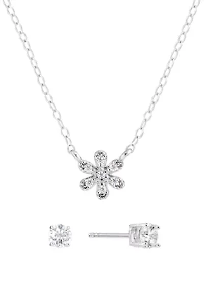 Boxed Sterling Silver 16" +1" +1" Cubic Zirconia Flower Necklace with 4mm Stud Earrings