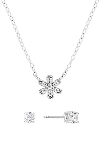 Boxed Sterling Silver 16" +1" +1" Cubic Zirconia Flower Necklace with 4mm Stud Earrings