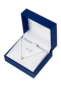 Boxed Sterling Silver 16" +1" +1" Cubic Zirconia Flower Necklace with 4mm Stud Earrings