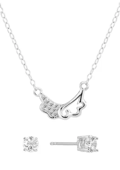 Boxed Sterling Silver 16" +1" +1" Cubic Zirconia Double Cloud Necklace with 4mm Stud Earrings
