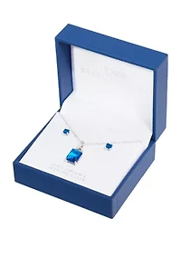 Boxed Sterling Silver 16" + 2" Crystal Rectangle and Cubic Zirconia Pendant Necklace with Square Stud Earrings Set