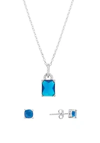 Boxed Sterling Silver 16" + 2" Crystal Rectangle and Cubic Zirconia Pendant Necklace with Square Stud Earrings Set