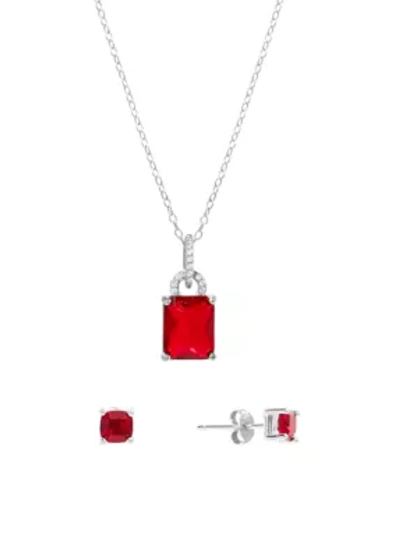 Boxed Sterling Silver 16" + 2" Crystal Rectangle and Cubic Zirconia Pendant Necklace with Square Stud Earrings Set
