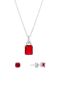 Boxed Sterling Silver 16" + 2" Crystal Rectangle and Cubic Zirconia Pendant Necklace with Square Stud Earrings Set