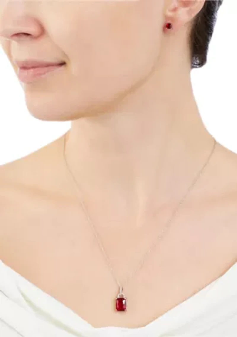 Boxed Sterling Silver 16" + 2" Crystal Rectangle and Cubic Zirconia Pendant Necklace with Square Stud Earrings Set