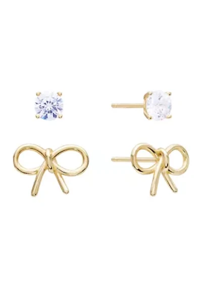 Sterling Silver Bow Stud and Cubic Zirconia Earring Set