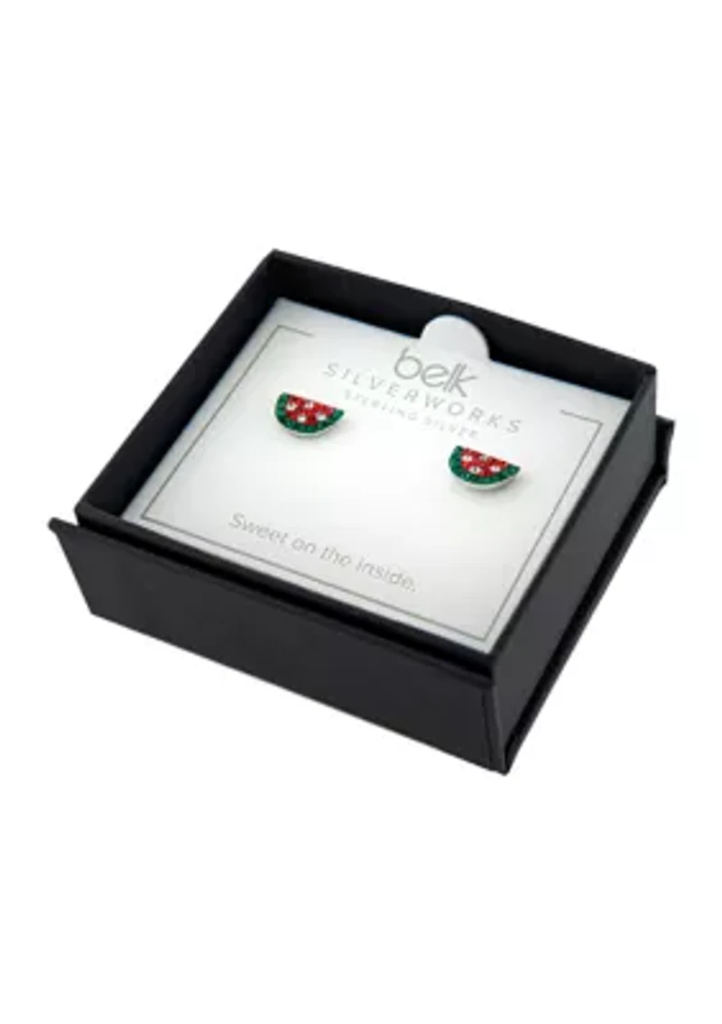 Boxed Sterling Silver Crystal Pavé Watermelon Stud Earrings