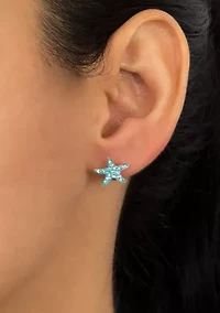 Boxed Sterling Silver Light Aqua Crystal Pavé Starfish Stud Earrings