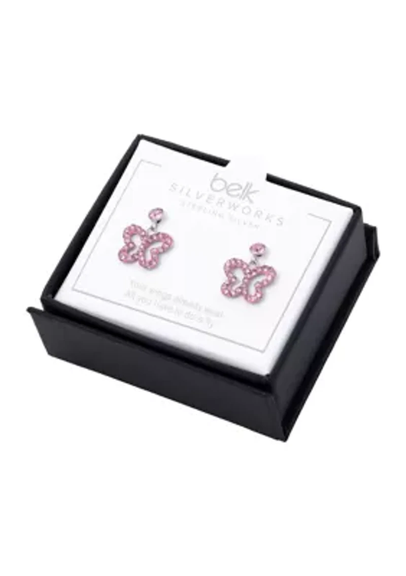 Boxed Sterling Silver Light Aqua Crystal Pavé Open Butterfly Dangle Post Earrings