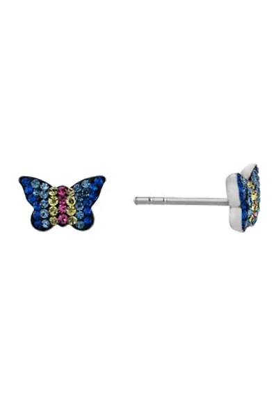  Boxed Sterling Silver Multi Color Crystal Pavé Butterfly Stud Earrings 