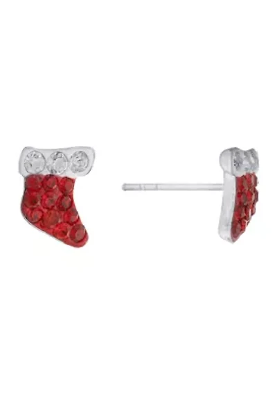 Boxed Sterling Silver Red and Clear Crystal Pavé Christmas Stocking Stud Earrings