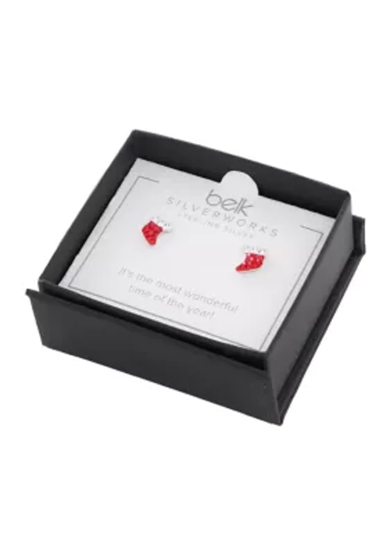 Boxed Sterling Silver Red and Clear Crystal Pavé Christmas Stocking Stud Earrings