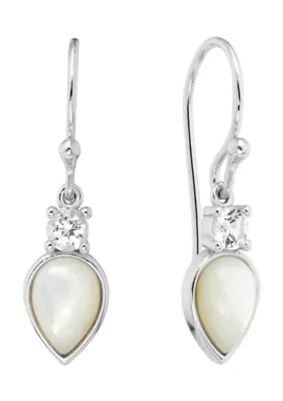 Boxed Sterling Silver Mother of Pearl and Cubic Zirconia Teardrop Dangle Drop Earrings