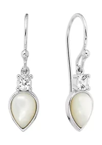 Boxed Sterling Silver Mother of Pearl and Cubic Zirconia Teardrop Dangle Drop Earrings