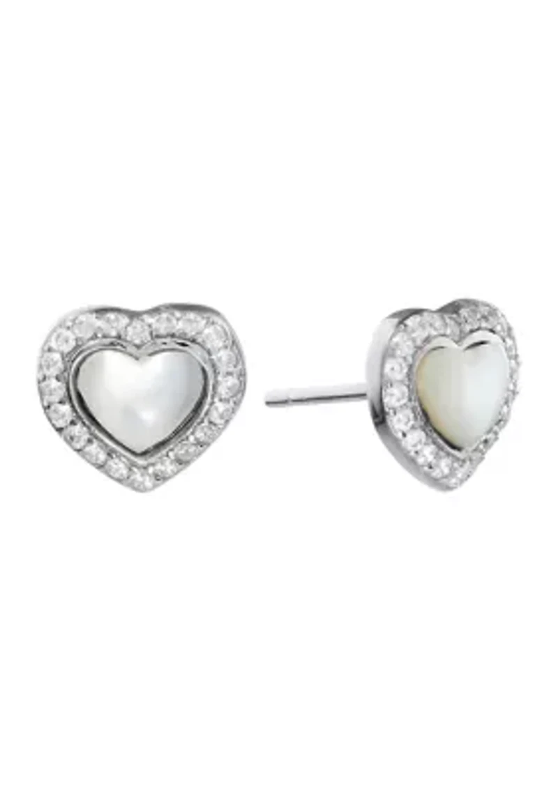 Boxed Sterling Silver Mother of Pearl Heart with White Topaz Halo Stud Earrings