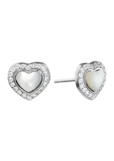 Boxed Sterling Silver Mother of Pearl Heart with White Topaz Halo Stud Earrings