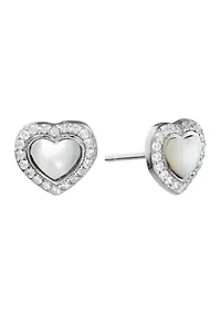 Boxed Sterling Silver Mother of Pearl Heart with White Topaz Halo Stud Earrings