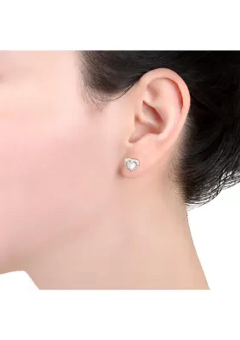 Boxed Sterling Silver Mother of Pearl Heart with White Topaz Halo Stud Earrings