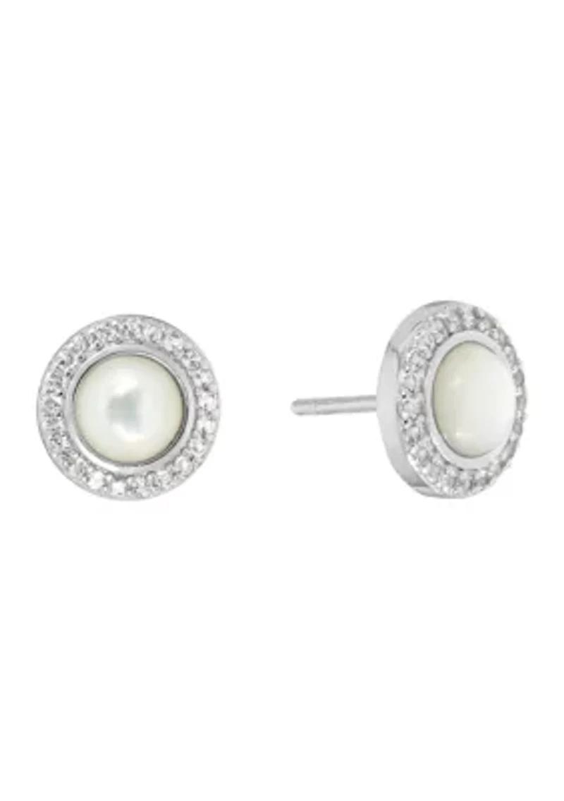 Boxed Sterling Silver Mother of Pearl and White Topaz Halo Stud Earrings