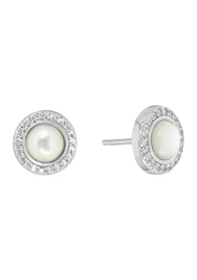 Boxed Sterling Silver Mother of Pearl and White Topaz Halo Stud Earrings